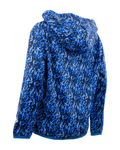 Blue patterned pullover youth performance hoodie with hood and long sleeves