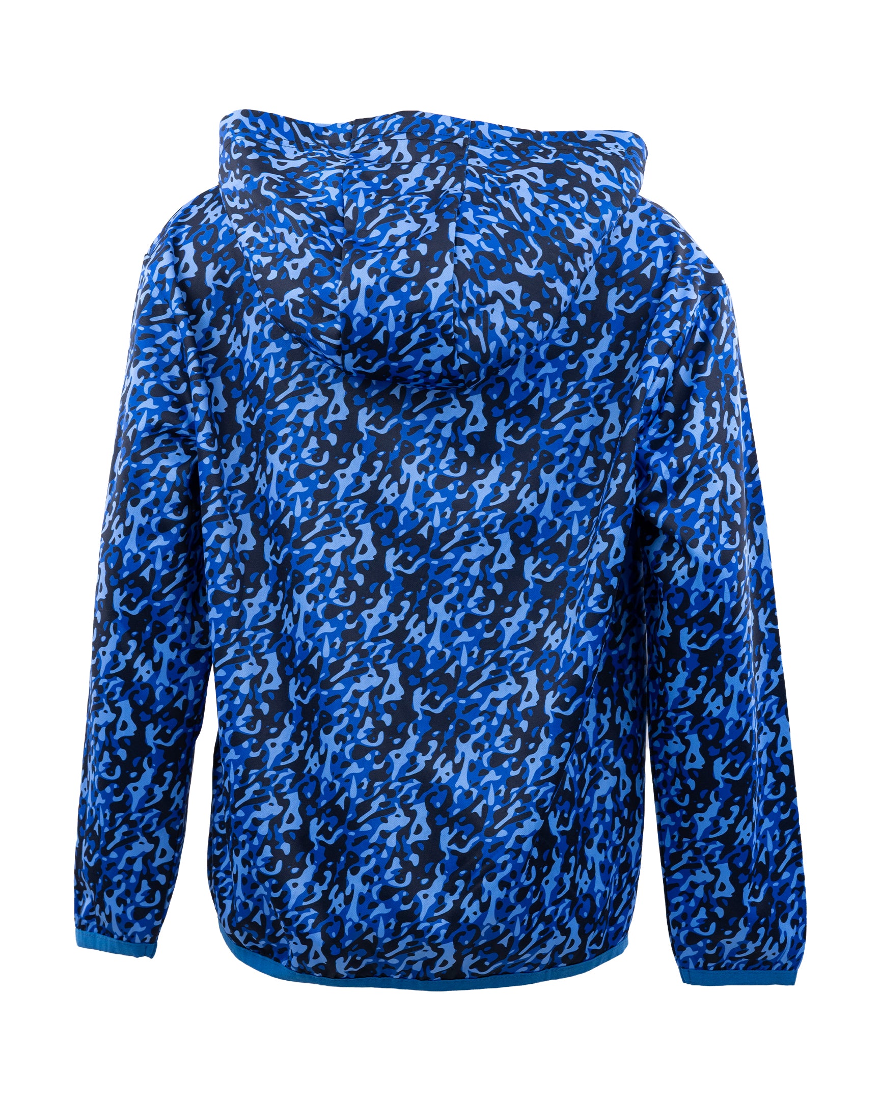 Blue patterned pullover hoodie with attached hood, long sleeves and front pouch pocket