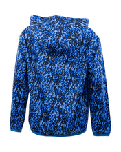 Blue patterned pullover hoodie with attached hood, long sleeves and front pouch pocket