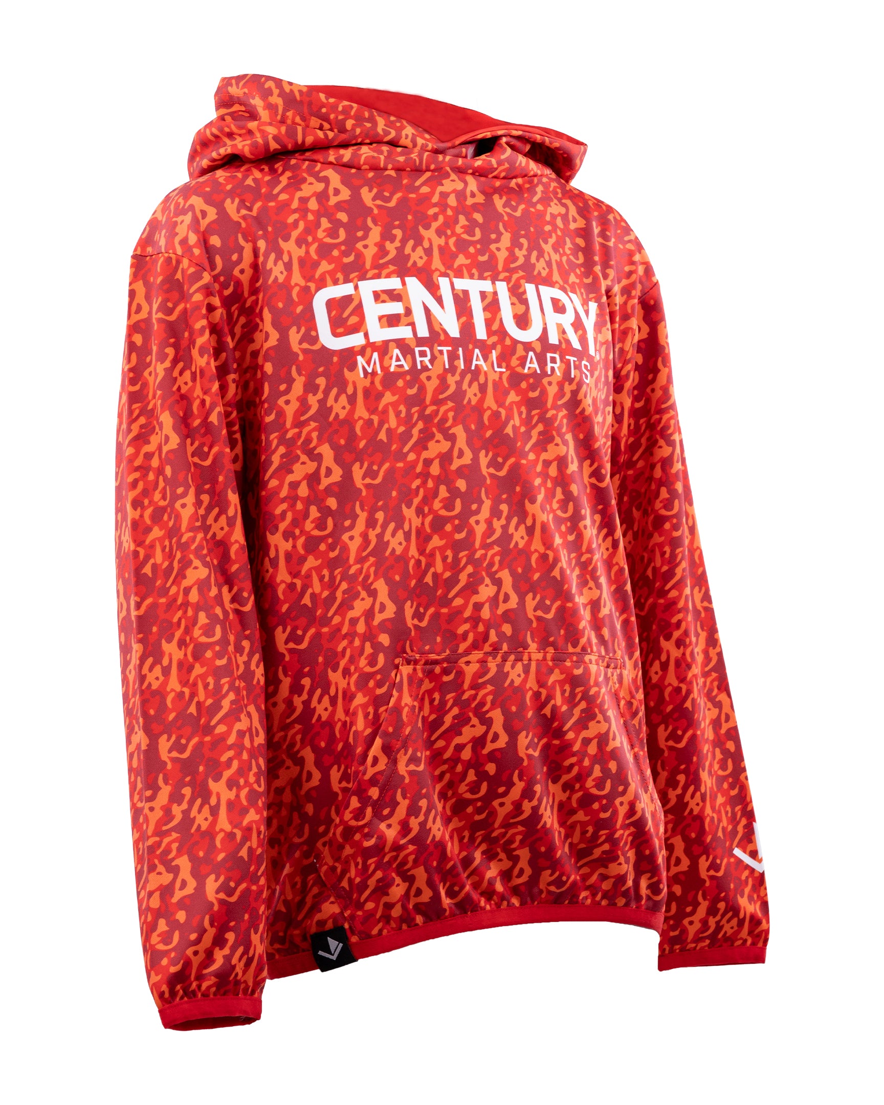 Red patterned pullover youth performance hoodie with hood and "CENTURY MARTIAL ARTS" print