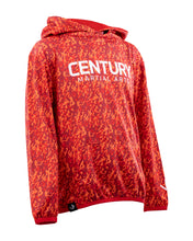 Red patterned pullover youth performance hoodie with hood and "CENTURY MARTIAL ARTS" print