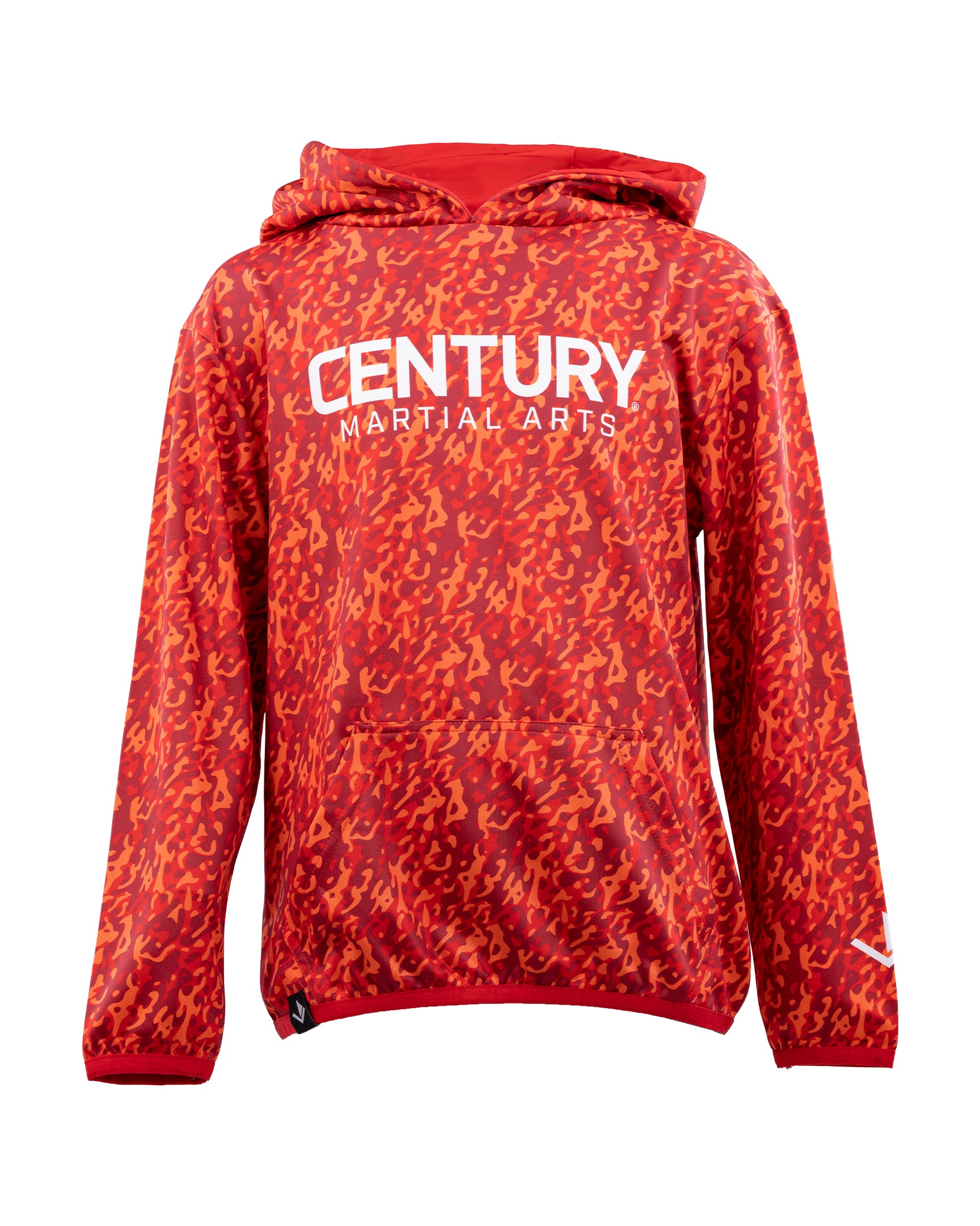 Red patterned pullover hoodie with hood and "CENTURY MARTIAL ARTS" logo on chest