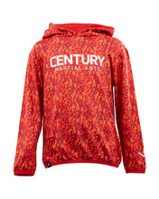 Red patterned pullover hoodie with hood and "CENTURY MARTIAL ARTS" logo on chest