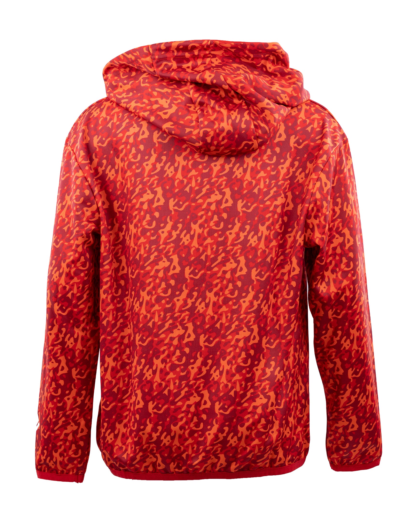 Red patterned pullover youth performance hoodie with hood and long sleeves