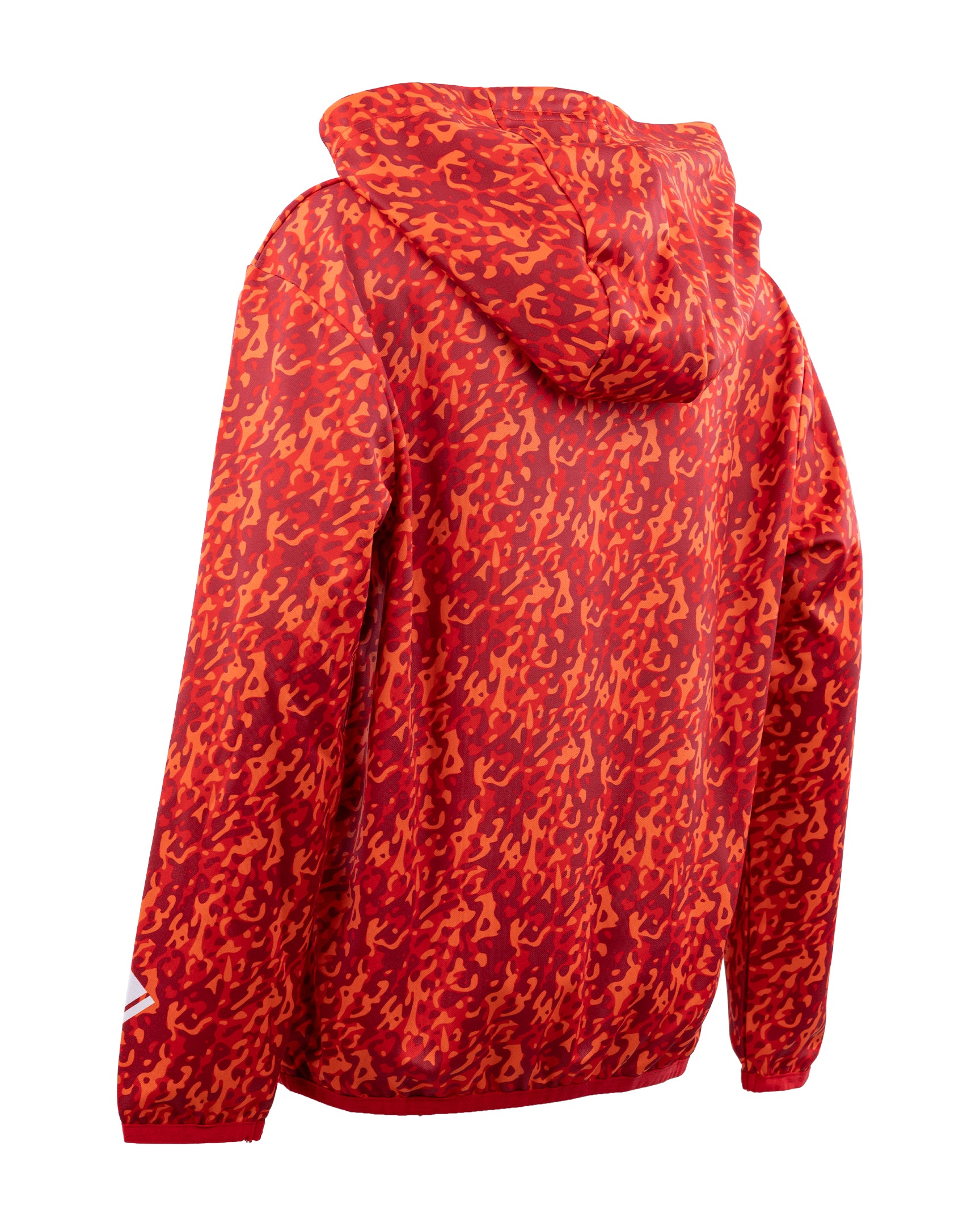 Red patterned pullover hoodie with attached hood and long sleeves, back view