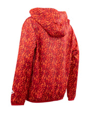 Red patterned pullover hoodie with attached hood and long sleeves, back view