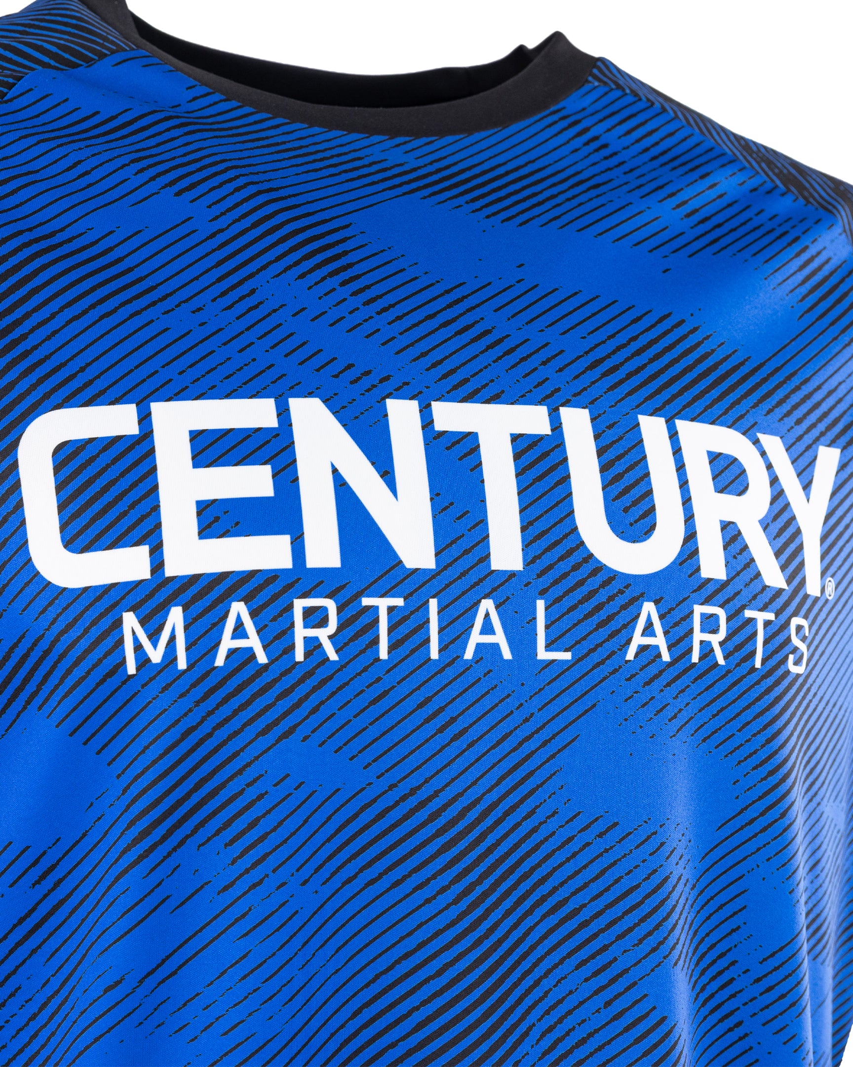 Blue patterned tee with large Century Martian Arts logo across chest