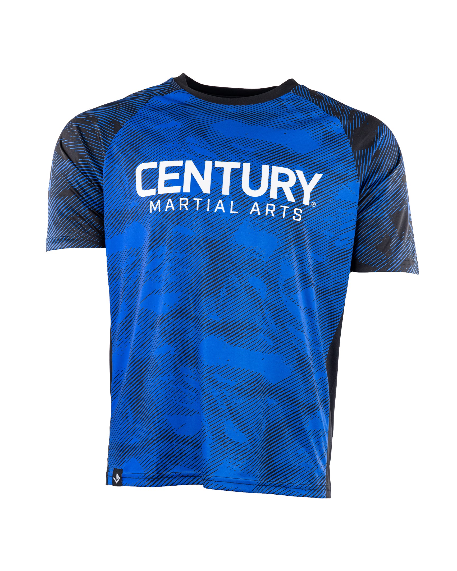 Men's blue patterned athletic tee with Century Martian Arts logo on front