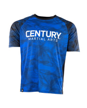 Men's blue patterned athletic tee with Century Martian Arts logo on front