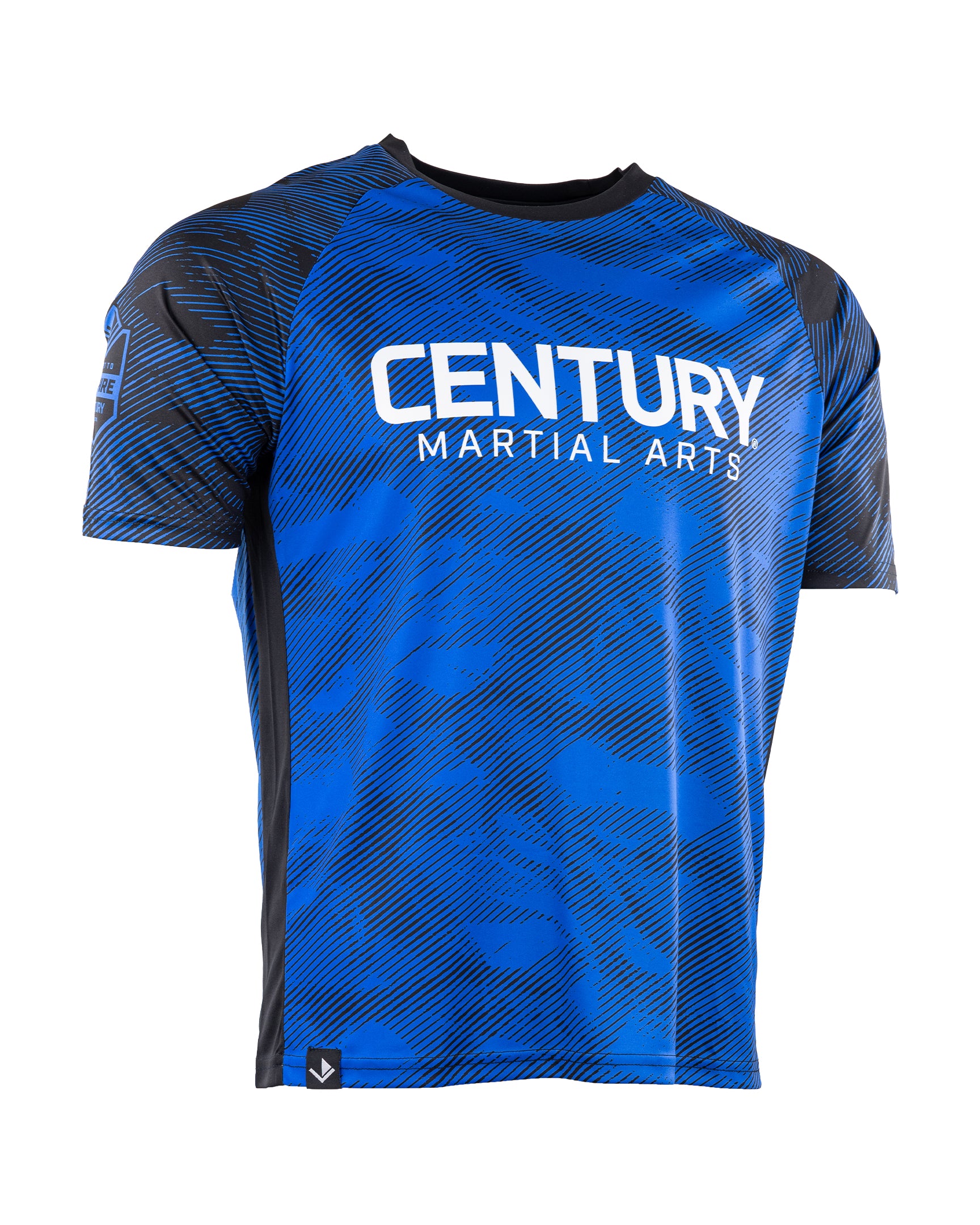 Men's blue patterned athletic tee with Century Martian Arts logo on front