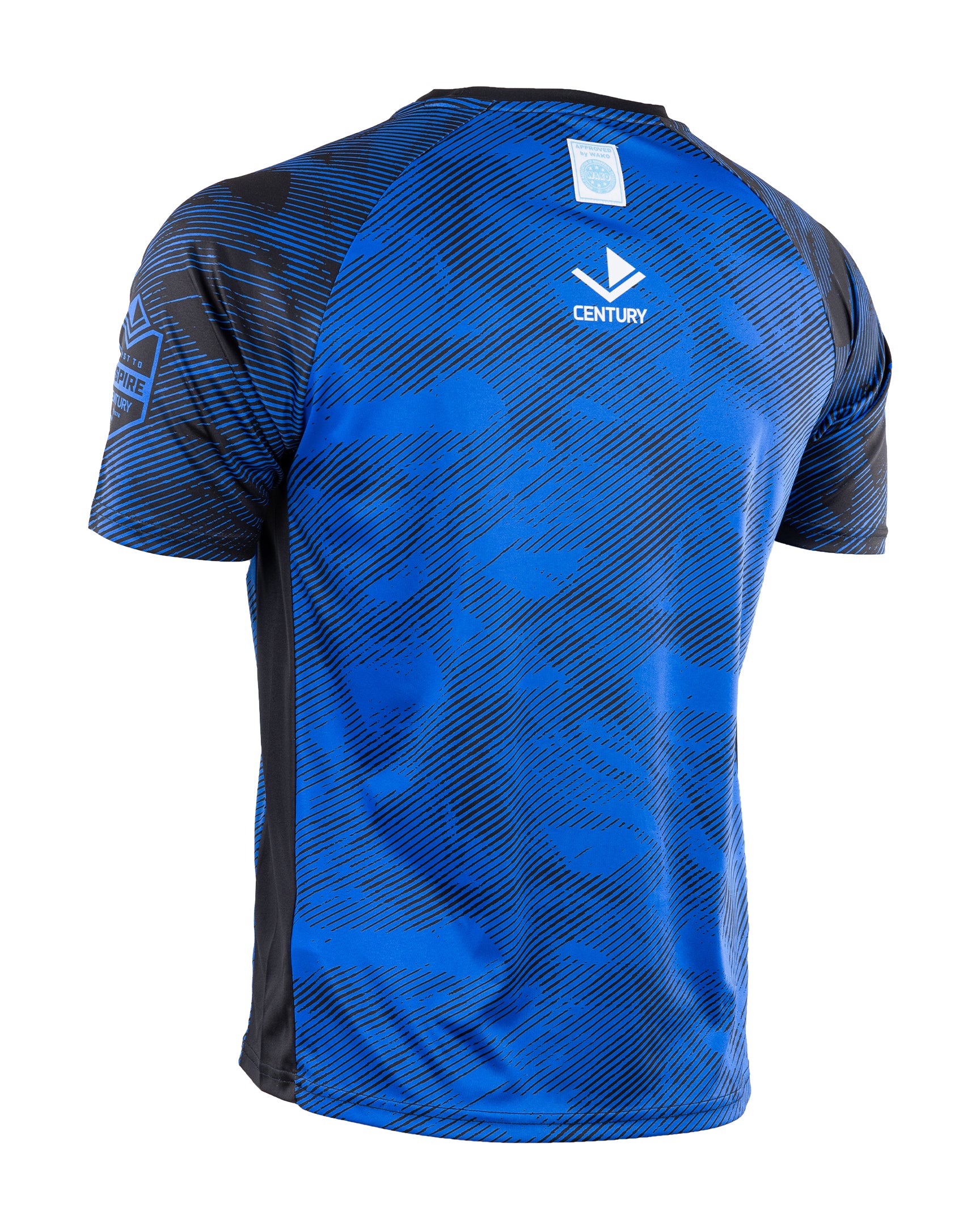 Men's blue patterned light contact tee with Century logo and checkmark on back