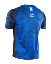 Men's blue patterned light contact tee with Century logo and checkmark on back