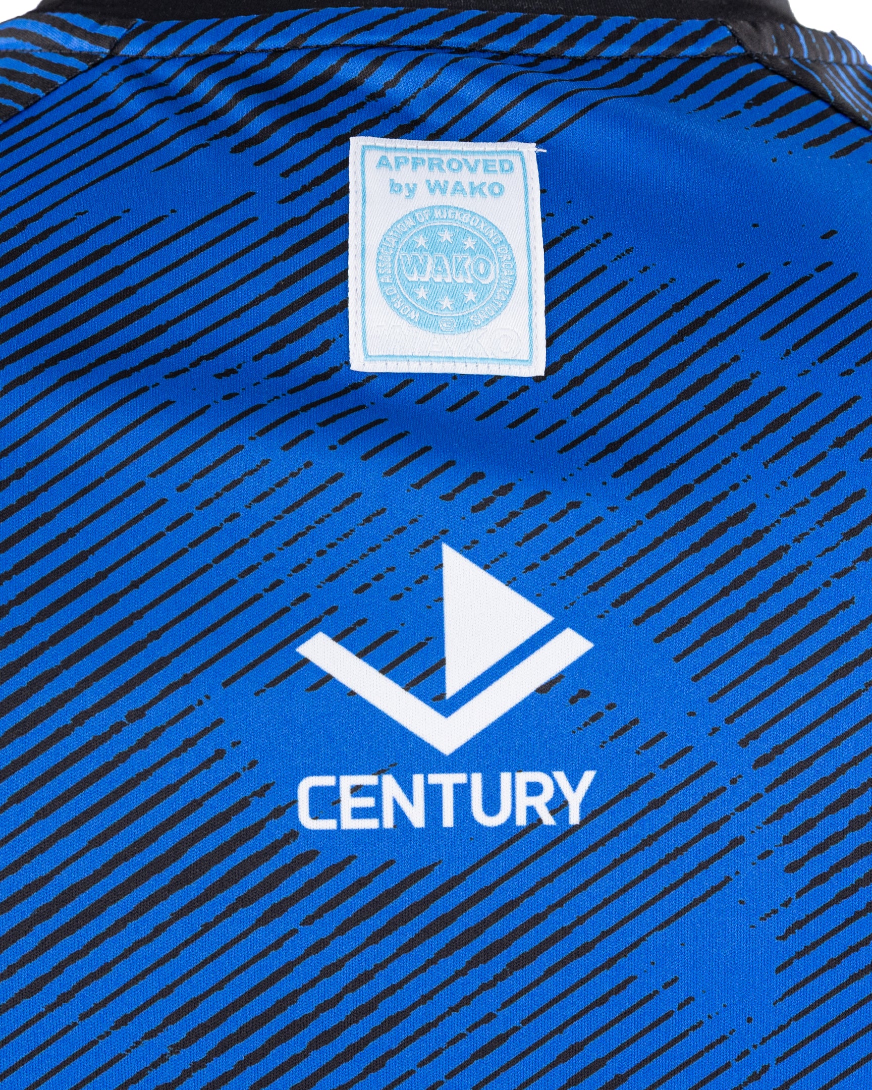 Back neck label and Century Inspire graphic on blue patterned light contact tee