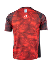 Red patterned athletic tee back with white CENTURY logo at center