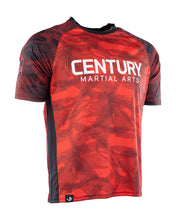 Men's red patterned athletic tee with Century Martian Arts graphic on front