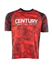 Men's red patterned light contact tee with large Century Martian Arts logo on front