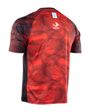 Red patterned athletic tee with CENTURY logo and small chest label