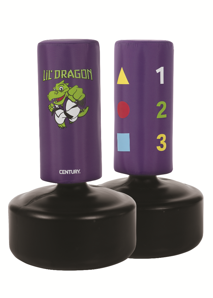Purple kids punching bag set with dragon logo, on two black round bases