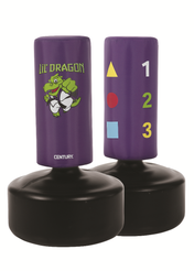 Purple kids punching bag set with dragon logo, on two black round bases