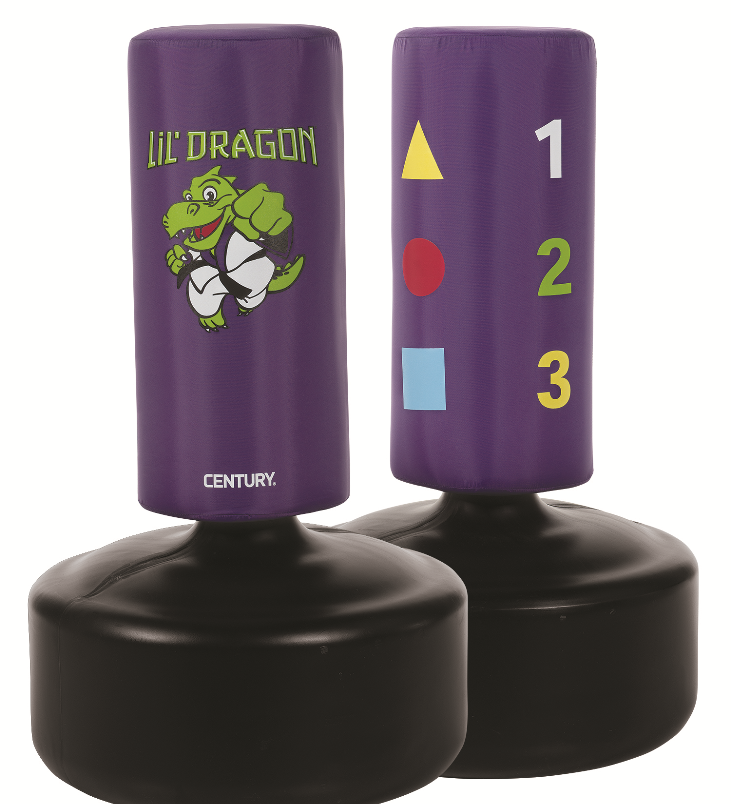 Purple kids punching bag set with dragon logo, on two black round bases