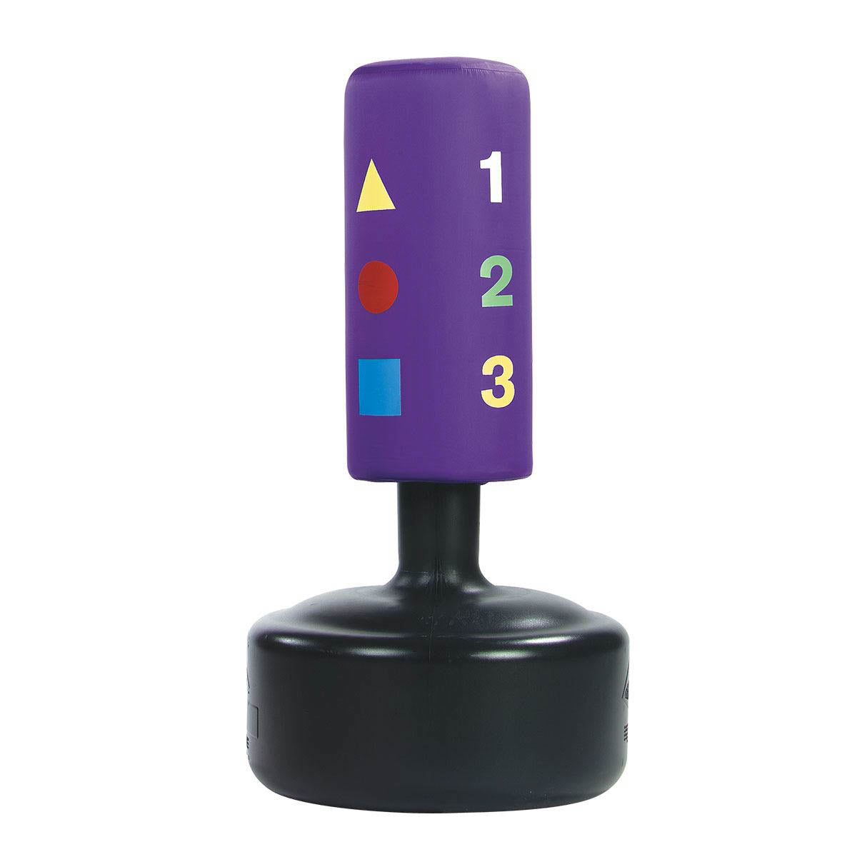 Purple kids punching bag with colored numbered panels, on black round base