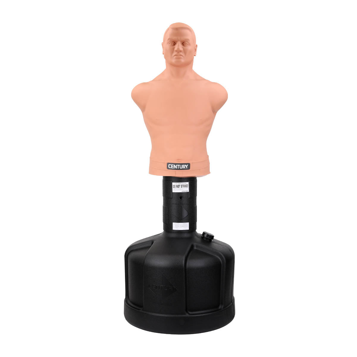 Boxing dummy body opponent bag with black base and torso form, Century label