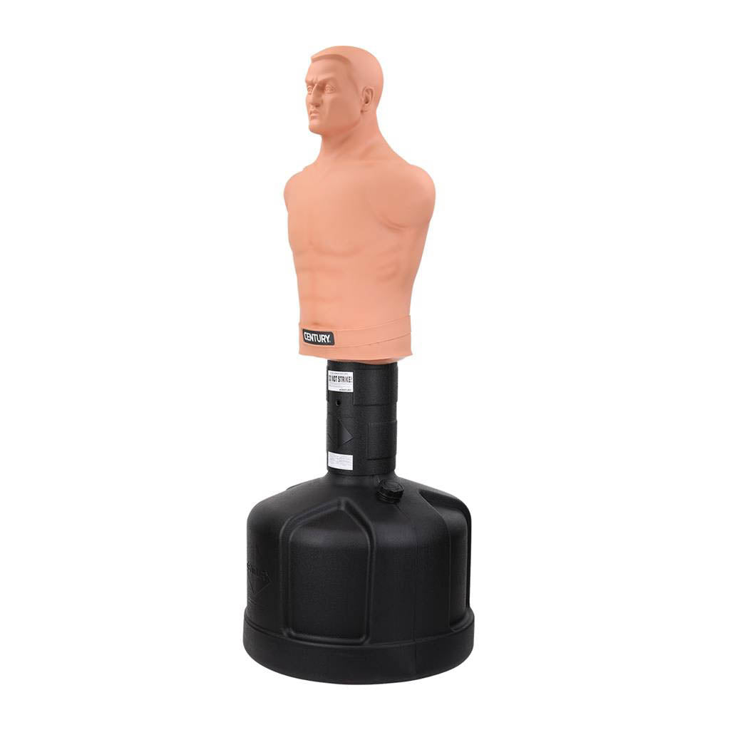 Freestanding boxing training bag with head, chest, and black base