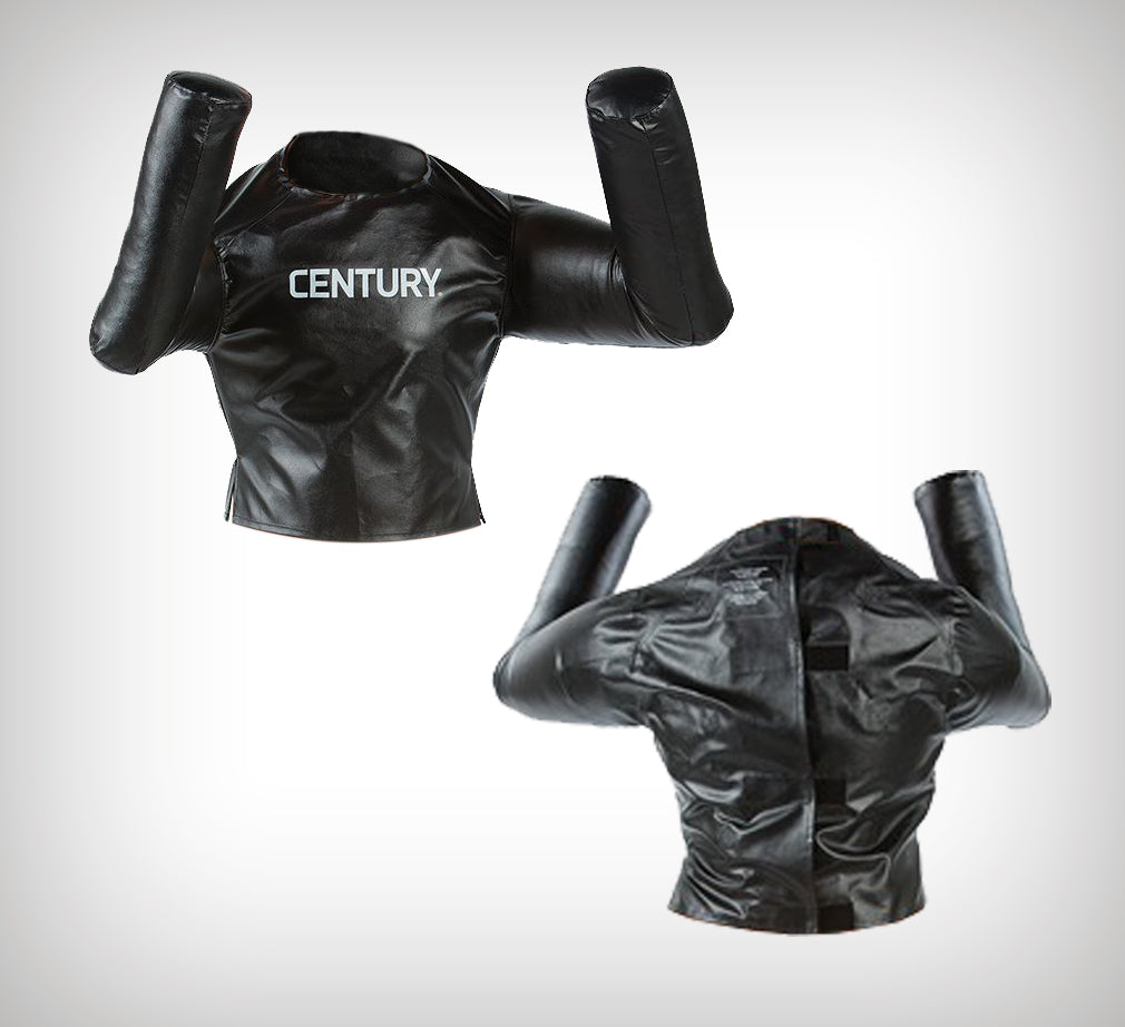 Black padded jacket with short sleeves and molded arm guards, “CENTURY” logo front