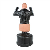 Black padded jacket shown from behind with molded arm guards and center back seam