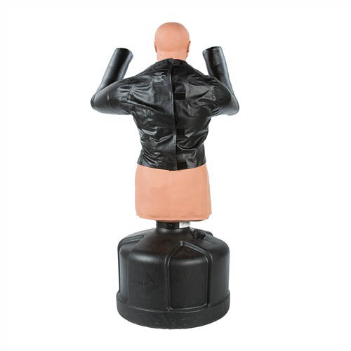 Black padded jacket shown from behind with molded arm guards and center back seam