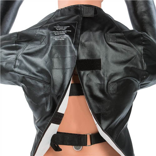 Black padded jacket detail with open back and black straps, white inner backing