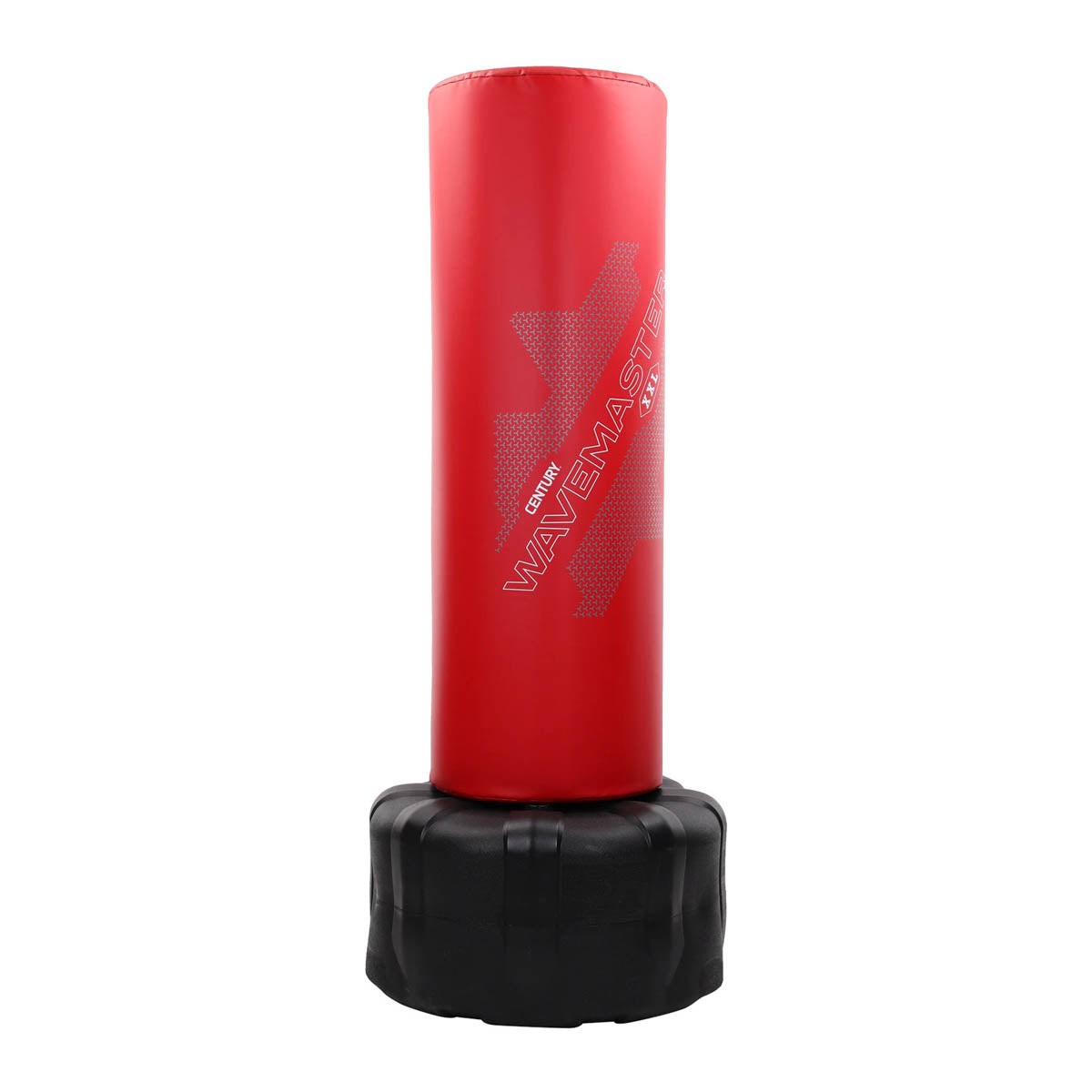 Red cylindrical inflatable punching bag with black base and angled Wavemaster print