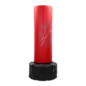 Red cylindrical inflatable punching bag with black base and angled Wavemaster print