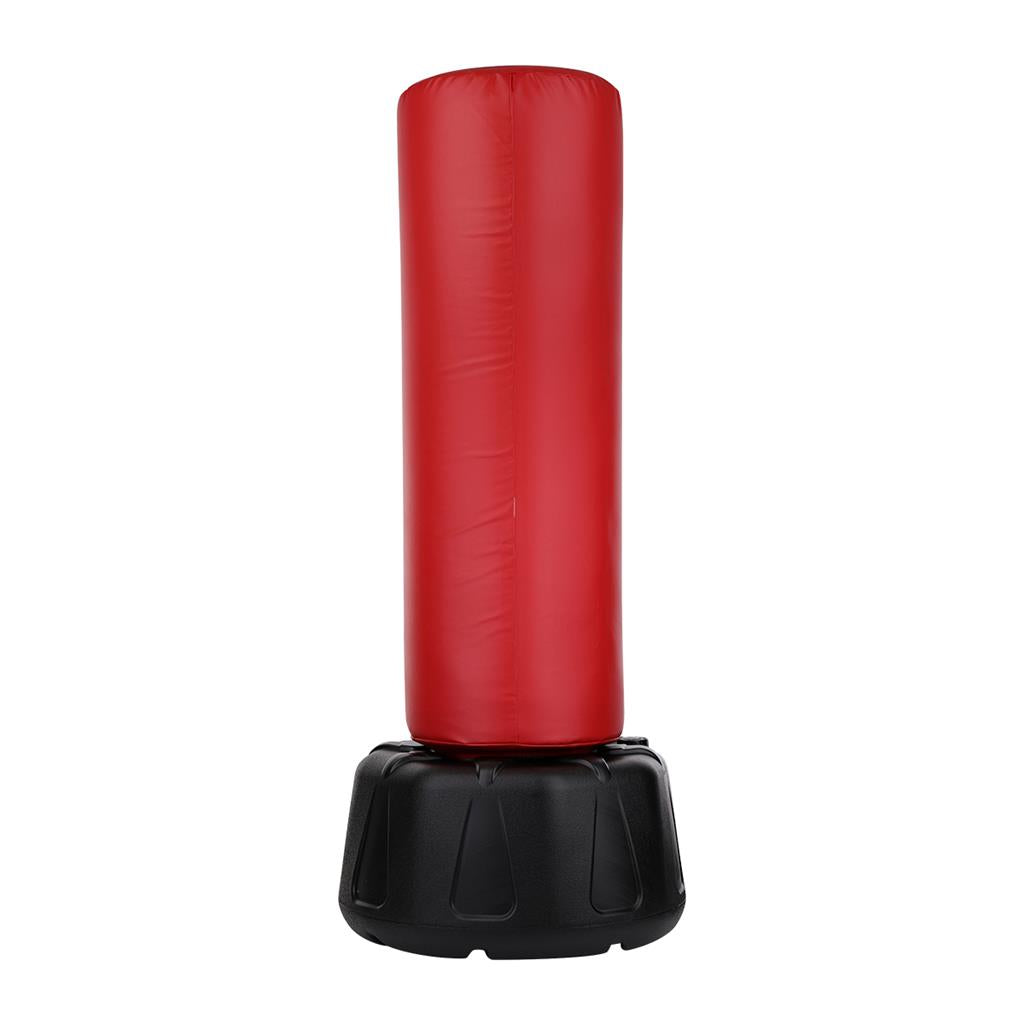 Red boxing punching bag with black base, cylindrical padded design