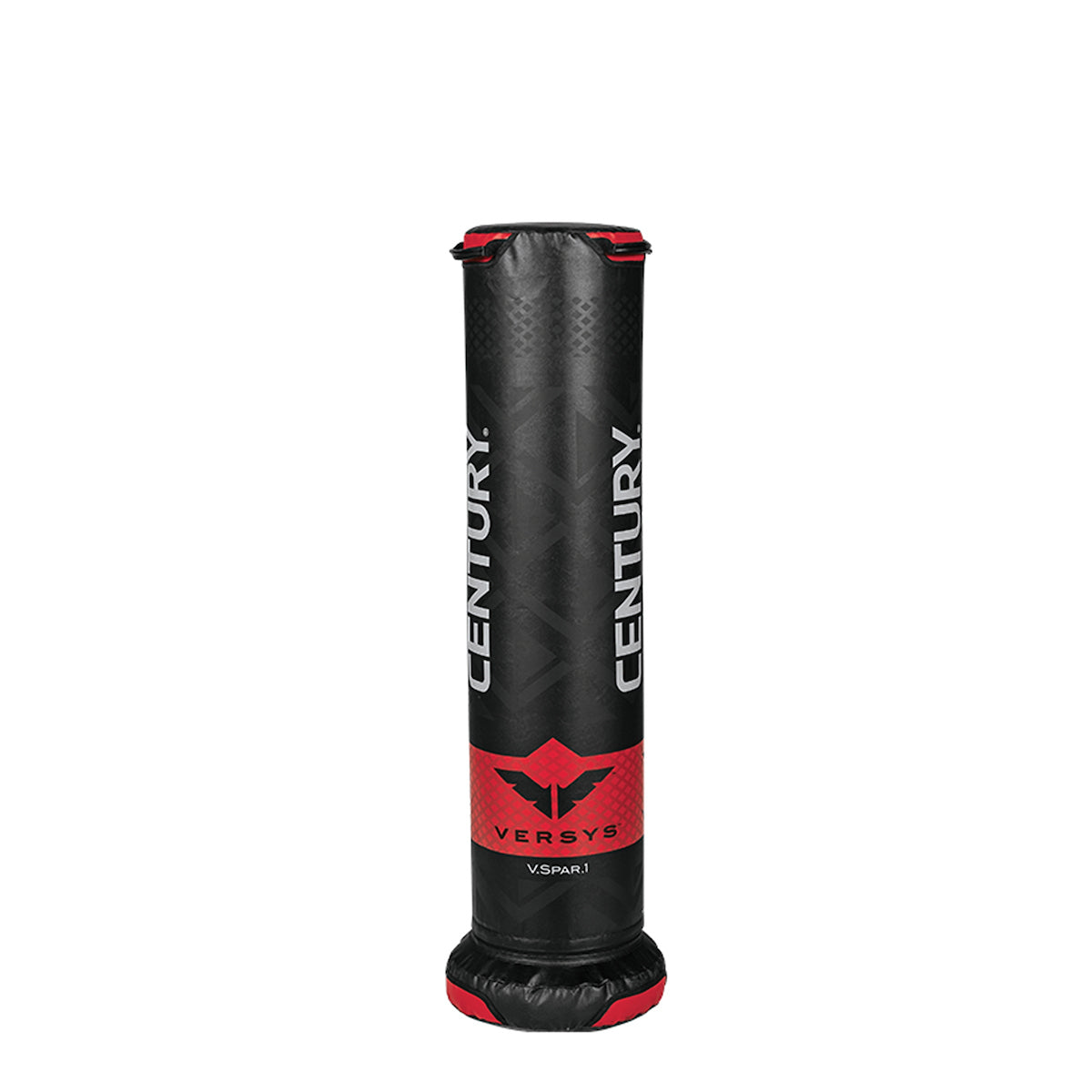 Youth boxing bag, black with red trim and logo print, cylindrical shape