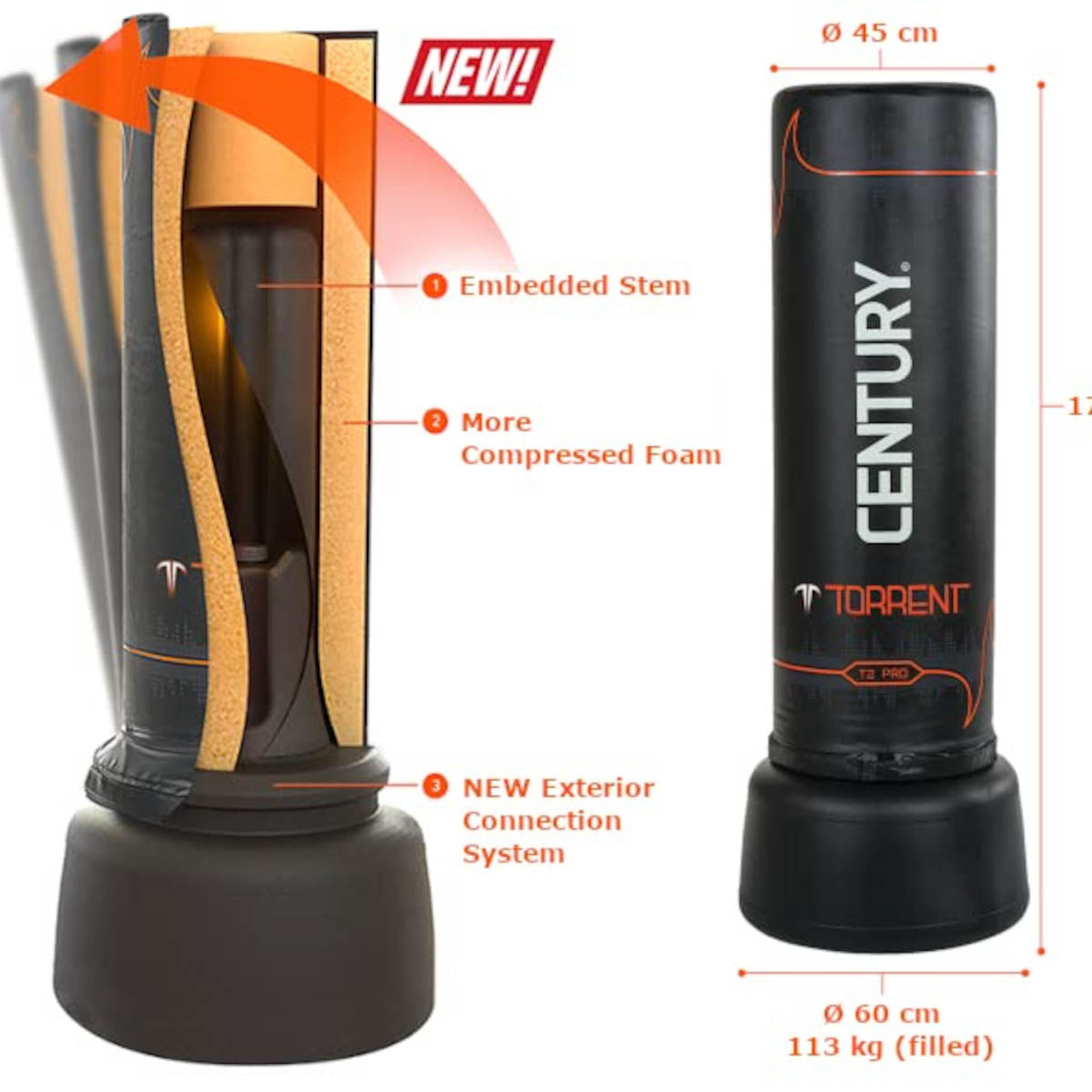 Century Torrent T2 Pro punching bag diagram showing embedded foam and exterior connection