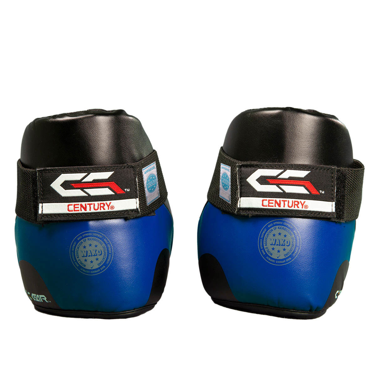 Blue boxing kick shoes with black ankle strap and CENTURY logo patch