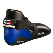 Blue and black boxing kick shoes, side view, with black hook-and-loop strap