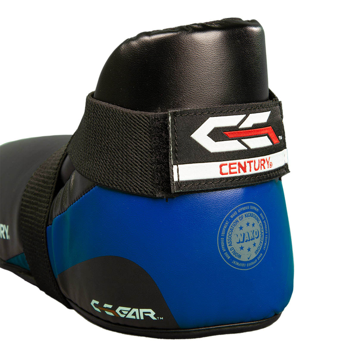 Blue boxing kick shoes with black top, mesh strap, and CENTURY logo patch