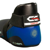 Blue boxing kick shoes with black top, mesh strap, and CENTURY logo patch