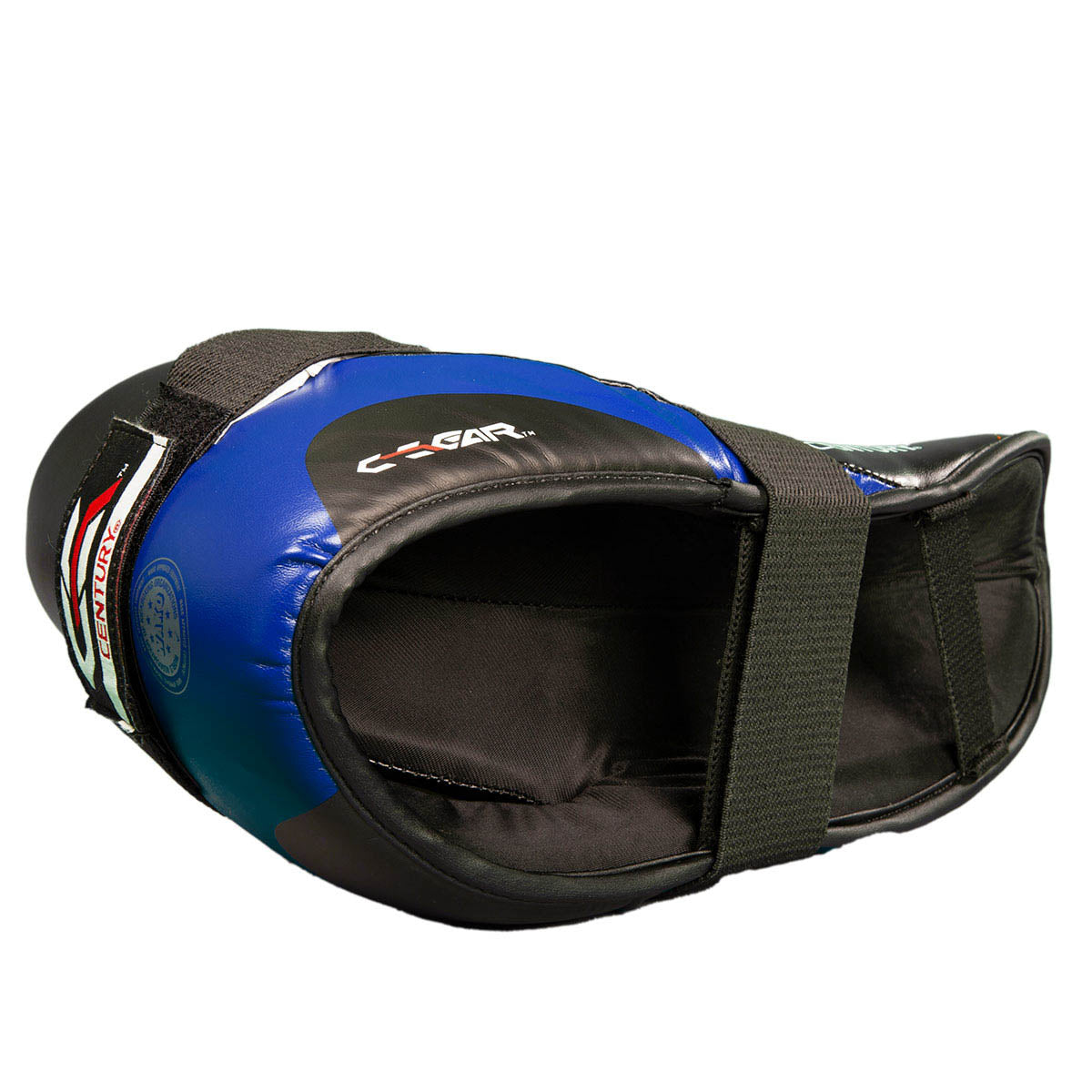 Blue and black boxing kick shoe with open interior and side CENTURY print