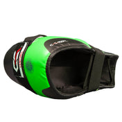 Green boxing kick shoes with black interior lining and hook-and-loop ankle straps