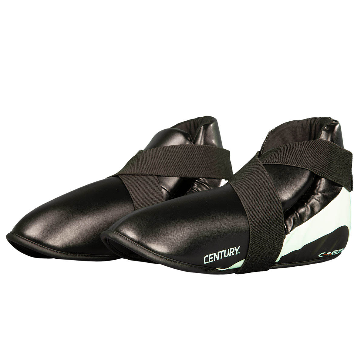 Black and white boxing kick shoes with CENTURY branding and hook-and-loop straps