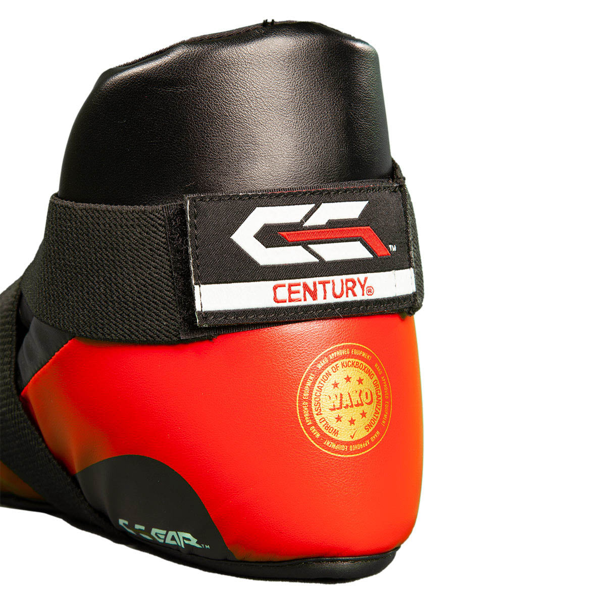 Determination kicks boxing ankle guard heel, black strap and red shell with CENTURY logo
