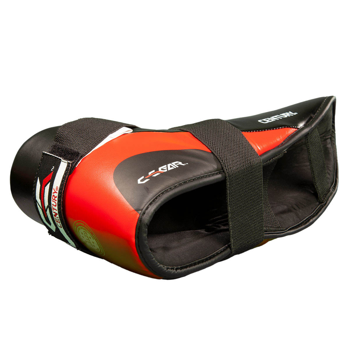 Determination kicks boxing ankle guards, black outer with red-orange panels and strap