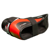 Determination kicks boxing ankle guards, black outer with red-orange panels and strap