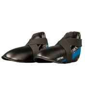 Determination kicks boxing ankle guard pair, black with blue side stripes and wide strap