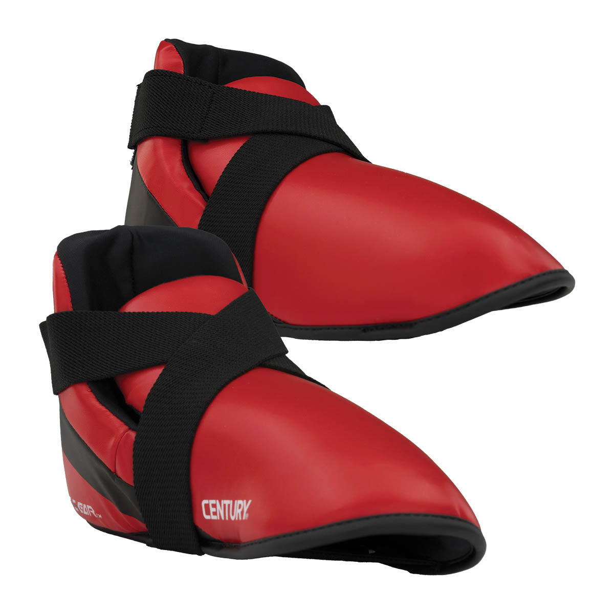 Red and black padded kicks with crisscross black straps and a thick sole