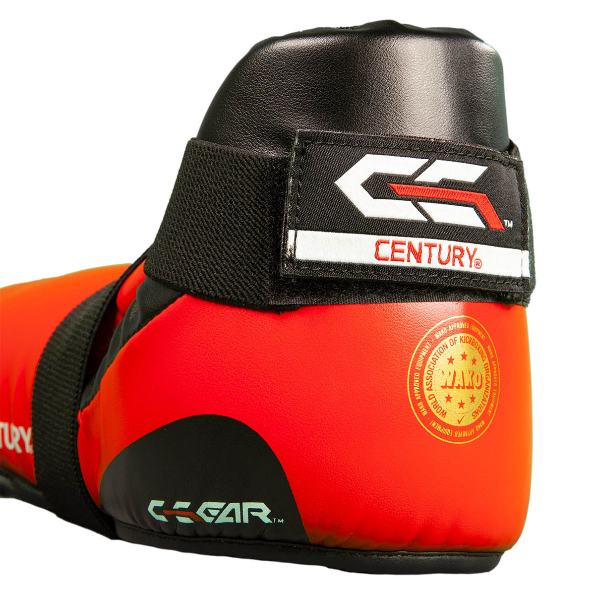 Red and black kickboxing kick pad with black top strap, CENTURY label, and round seal