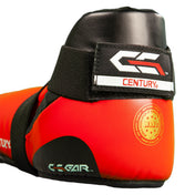 Red and black kickboxing kick pad with black top strap, CENTURY label, and round seal